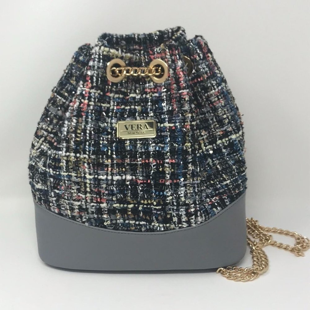 Vera New York Isabella Small Tweed Chain Drawstring Bucket Backpack Purse